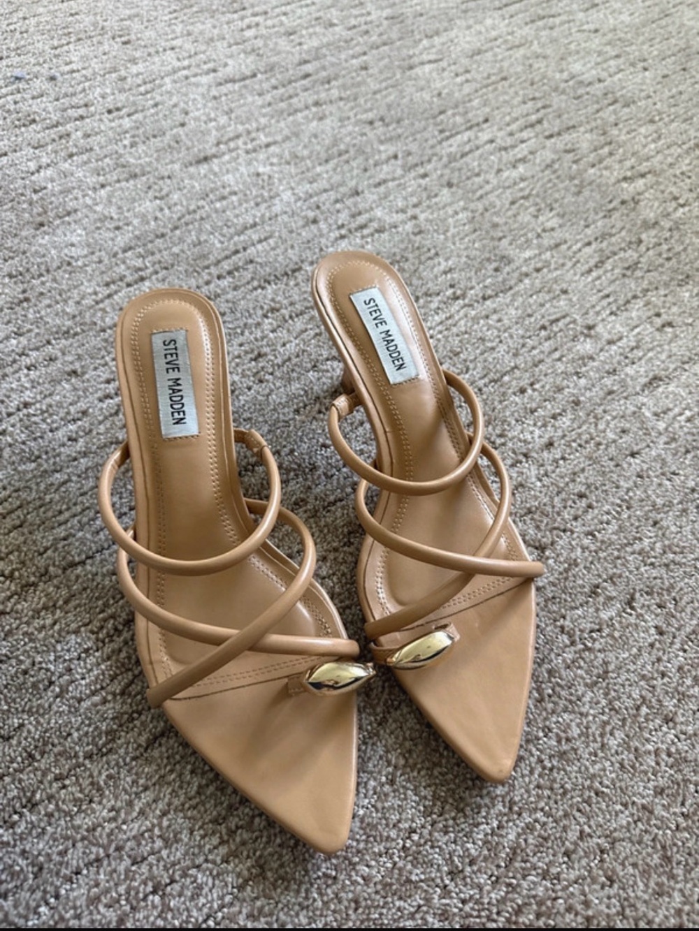 Steve Madden Nude/Tan Pointed-Toe Strappy Mules with Gold Accent